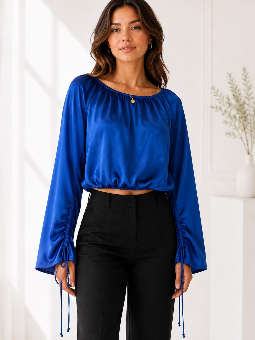 FITEEN TWENTY Cobalt Blue Satin Blouse Medium Bell Sleeve Ruched Tie Top Size M
